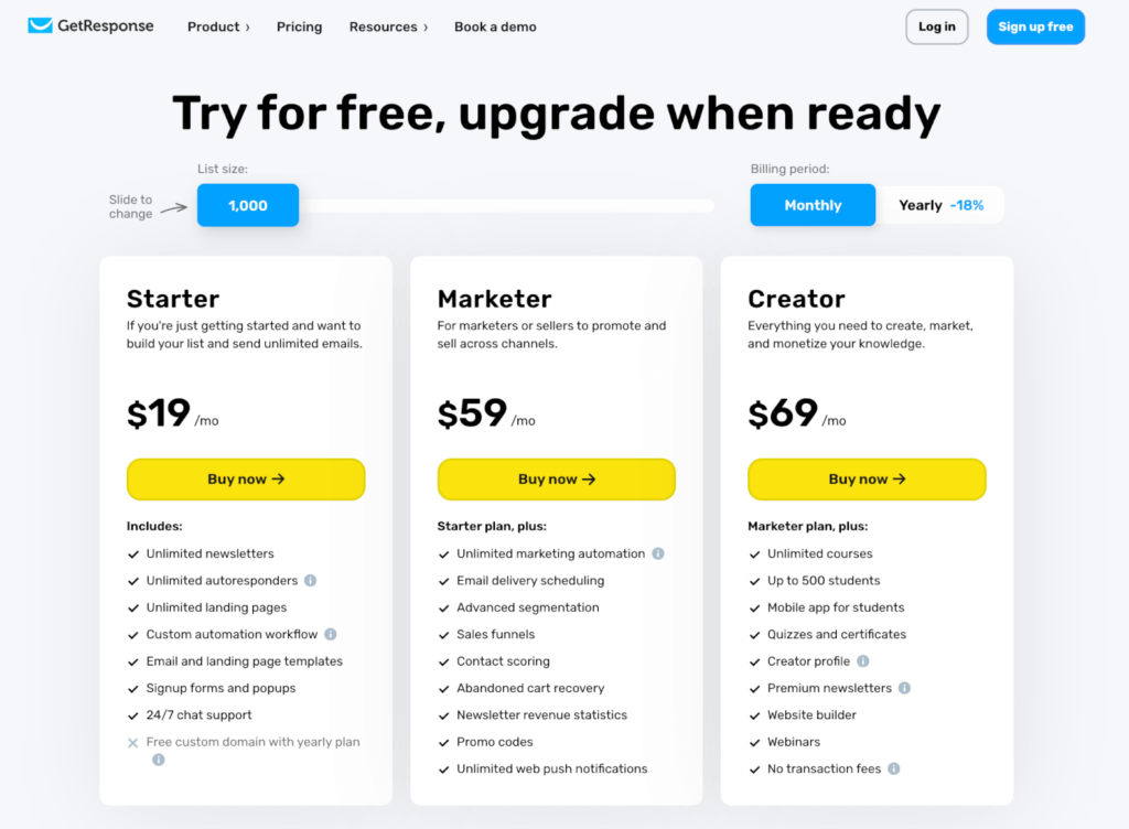 AWeber vs GetResponse: GetResponse Pricing